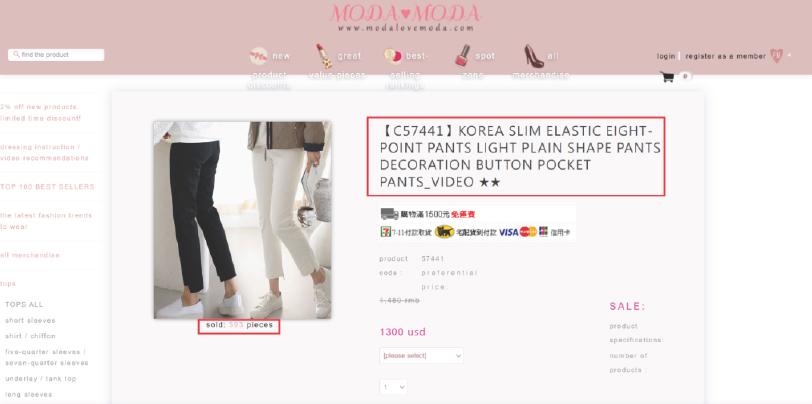 Product page of the B2C online store
(Source: Retrieved April 19, 2022, from https://www.modalovemoda.com/Shop/itemDetail.aspx?mNo1=57441&m=1)