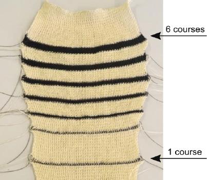 Knitted fabric with six heating strips with a varying number of courses made of carbon yarn