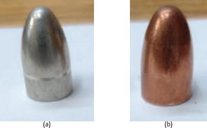 9 mm FMJ projectile used in study: (a) 9 mm DM41 (RUAG); (b) 9 m FMJ (WINCHESTER)