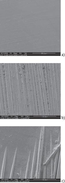 Scanning electron microscopy of Sample 1 at magnification x1000: a) non-aged b) after 6 months of accelerated ageing under UV-radiation conditions c) after 6 month’s immersion in salt water