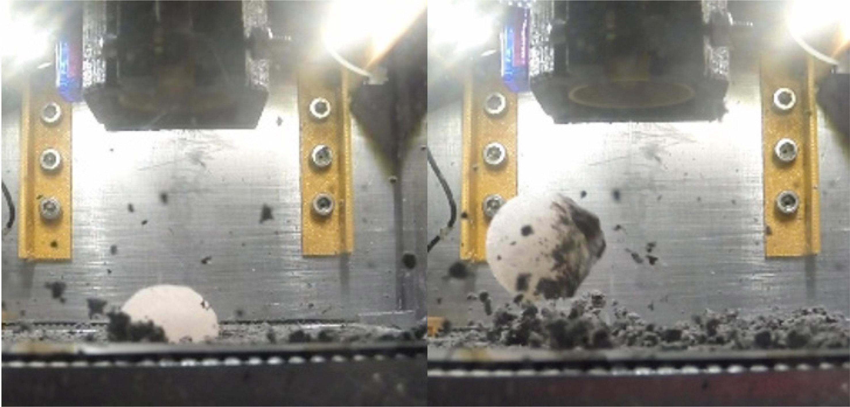 Still frame of 10-g quartz sand coated impactor (left) contacting Orgueil at an impact speed of 52 cm/s and (right) rebounding with observable mass transfer.