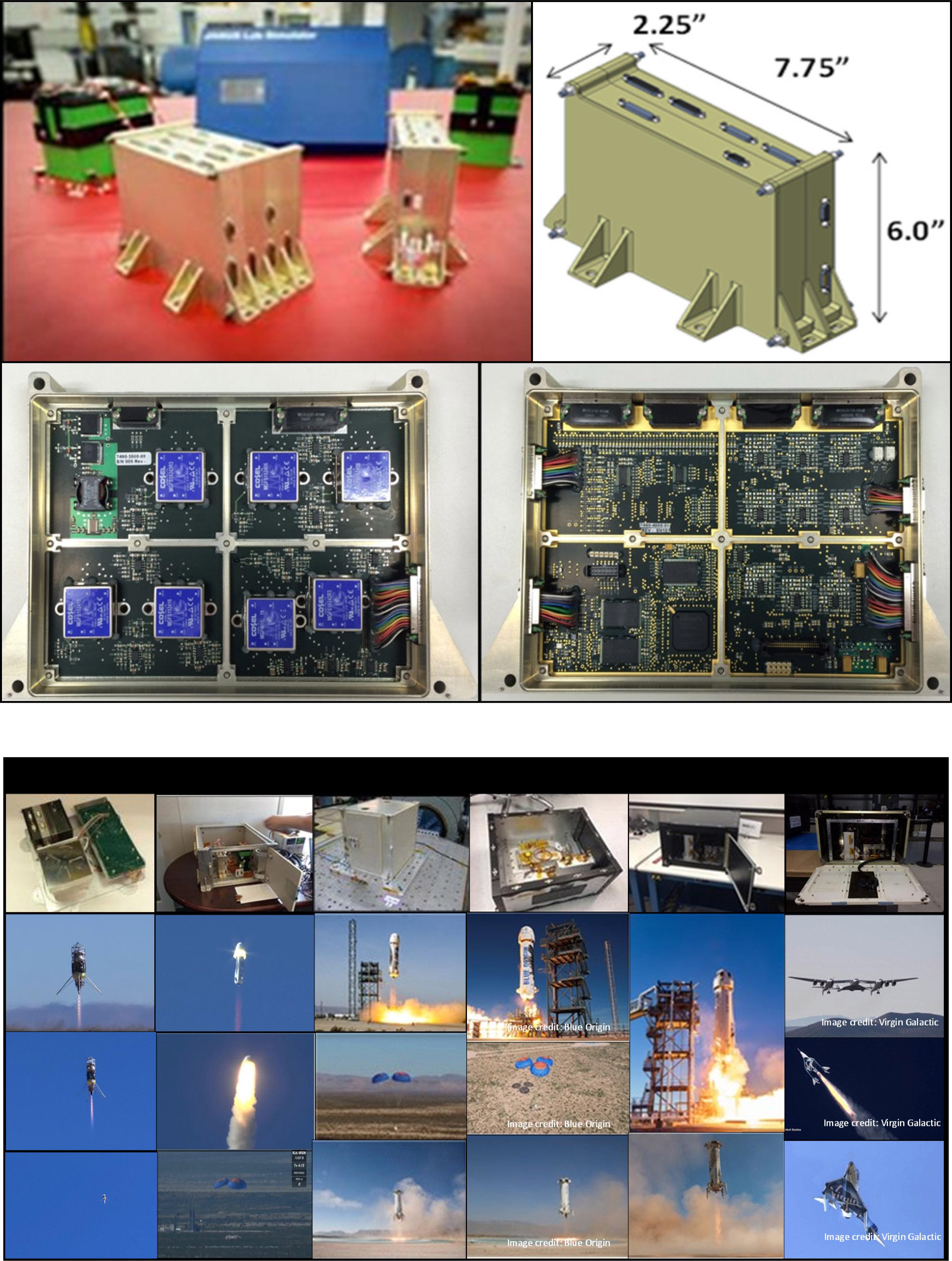 (Top panel) JANUS 2.1 system. Top left: Double (left) and single (right) units with associated flight batteries and ground support system (middle). Top right: JANUS 2.1 dimensions. Bottom left: Low-voltage power supply electronics board. Bottom right: processor electronics board. (Bottom panel). Images from the six completed JANUS mission (by column from left to right). Top row shows the JANUS payload for each mission with flight images below each of these columns.