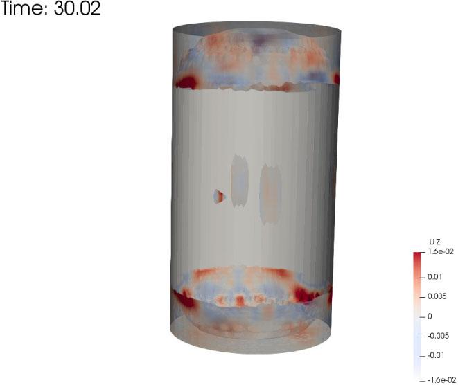 Representative equilibrated, zero-g liquid distribution from CFD simulations of the experiment tank at T+30 s after initial impulse. Fill fraction is 12% of full-tank volume (524 ml). CFD: Computational fluid dynamics.