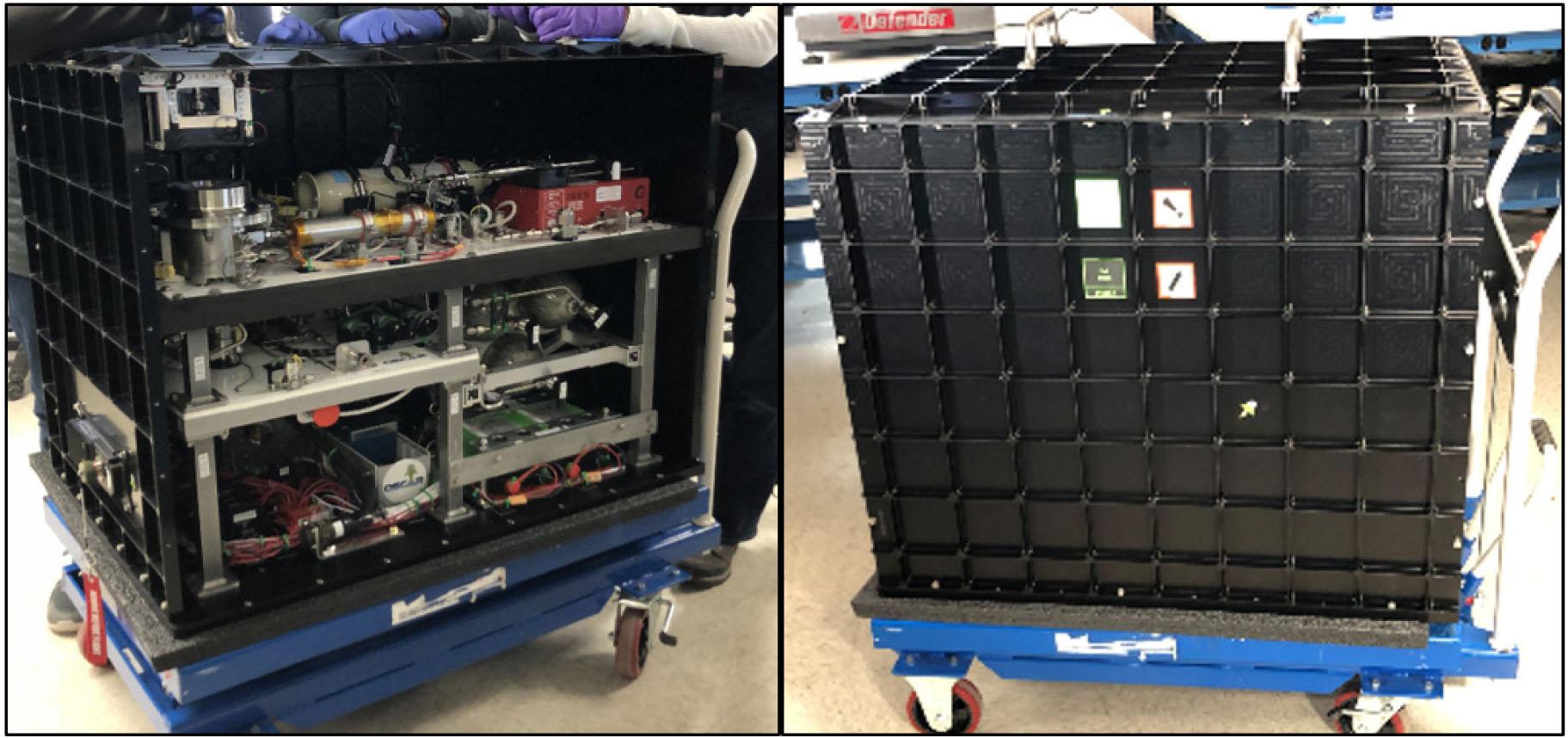 OSCAR suborbital payload enclosed in the FSE. Left: Front panel removed from FSE. Right: Front shelf of FSE installed on OSCAR suborbital payload during fit check.