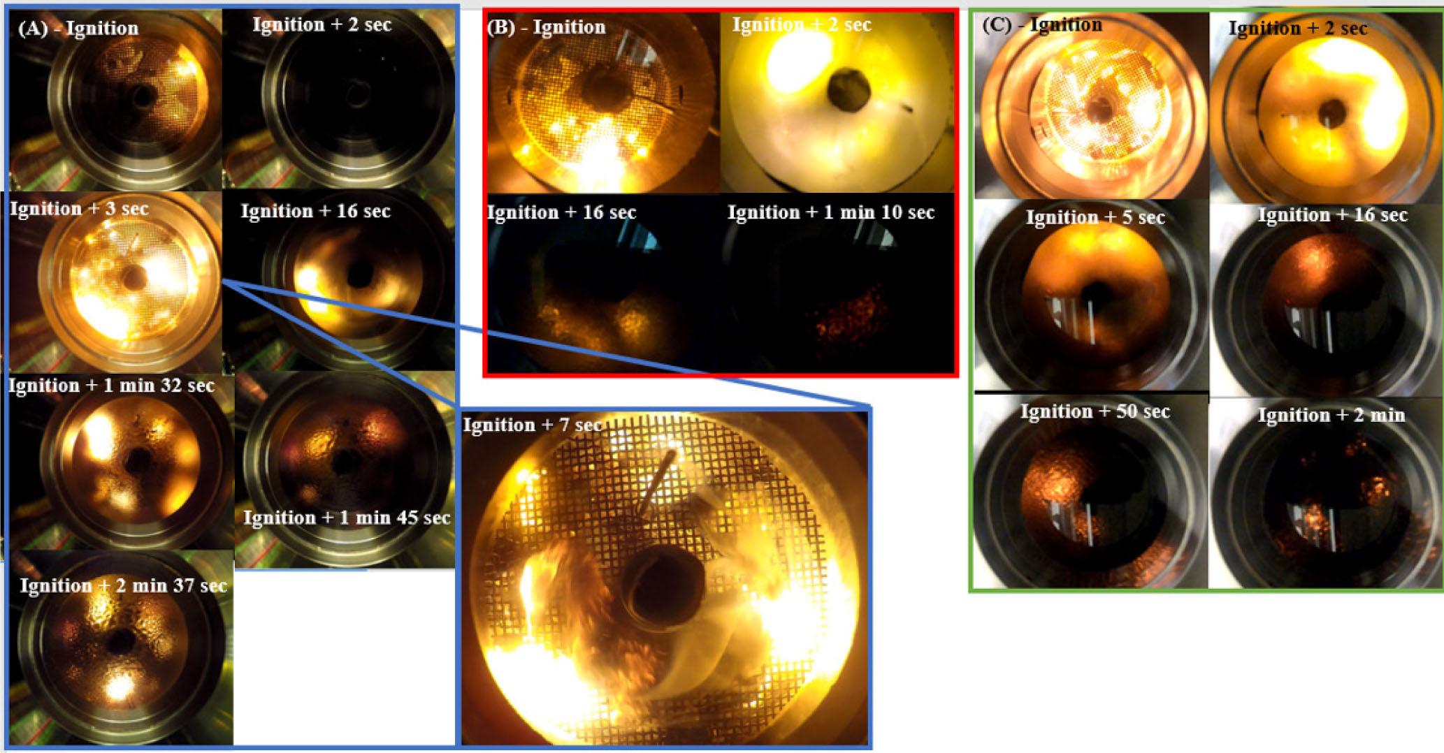Image stills of the suborbital flight (A), and best suited ground test comparisons (B) and (C). Links to the actual video footage can be found here: Video for (A) https://images.nasa.gov/details-KSC-20191211-MH-OSC01_0003-OSCAR_Video_Upload_Flight_100-3266803; Video for (B): https://images.nasa.gov/details-KSC-20200619-MH-OSC01_0001-OSCAR_Video_Upload_Lab-He_110-3266803; Video for (C): https://images.nasa.gov/details-KSC-20200729-MH-OSC01_0002-OSCAR_Video_Upload_Lab-Air_120-3266803