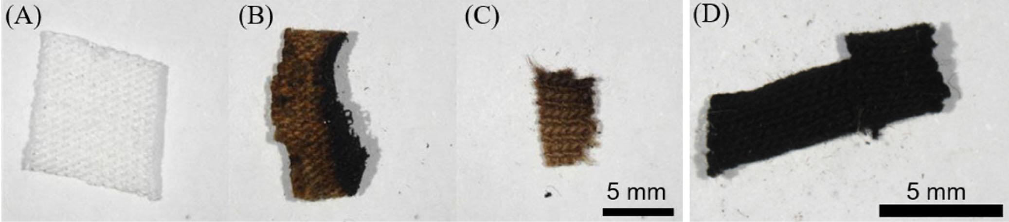 Optical microscopy images of representative t-shirt material. (A) Pristine t-shirt material before processing. (B) T-shirt material after reaction in a lab test. (C) T-shirt material after reaction in the μg flight test. (D) A completely blackened t-shirt sample from the μg (flight) test.