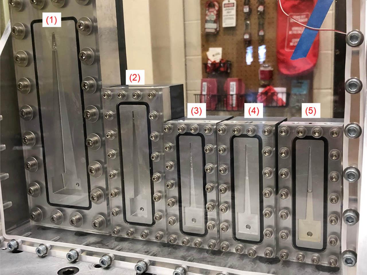 Photograph of the tapered liquid acquisition devices for the first flight experiment.