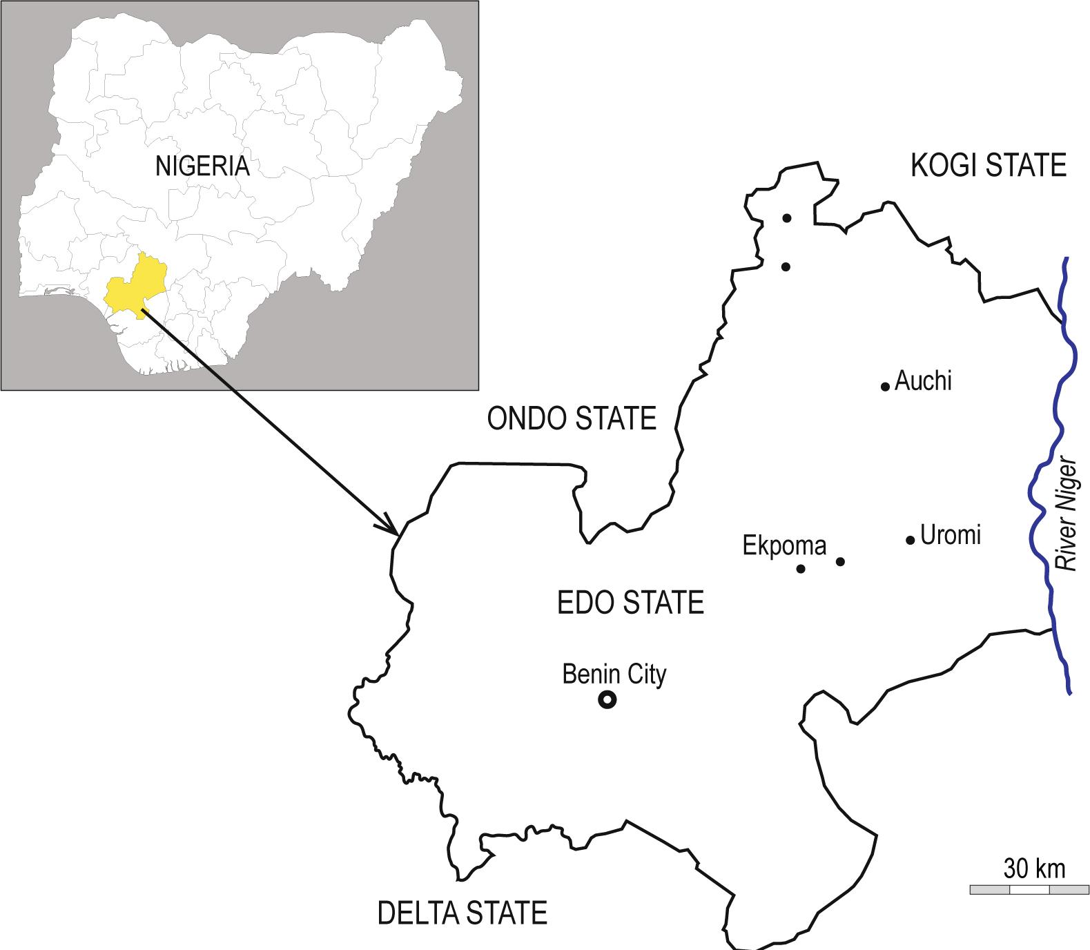 Edo state showing the study areas ( – State Capital; • – Settlement)
