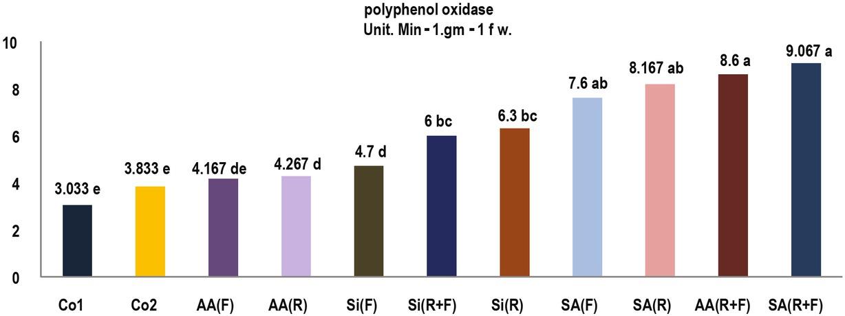 Effect of salicylic acid, ascorbic acid, and Silicon application on polyphenol oxidase activity (Unit. Min-1.gm-1 f w.) in Cucumber root infected by Meloidogyne javanica.
* Co1 = healthy plant, Co2 = control, (R) = root application, (R+F) = root and foliar application, AA = ascorbic acid. Si = silicon and SA = salicylic acid.
*Each number is means of three replications.
* Means followed by different letter(s) differ significantly according Duncan’s multiple range tests, P ≤ 0.05.