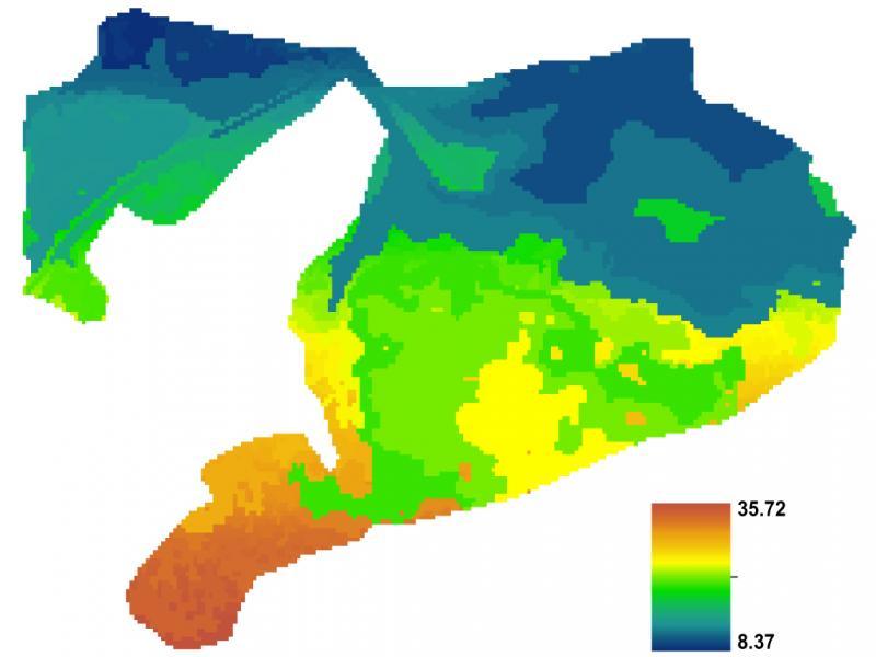 Spatial distribution of derived Turbidity (NTU) within Lake Edku in spring, 2016