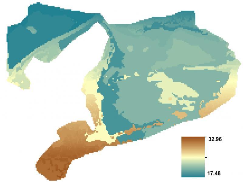 Spatial distribution of derived TSS (mg/L) within Lake Edku in spring, 2016