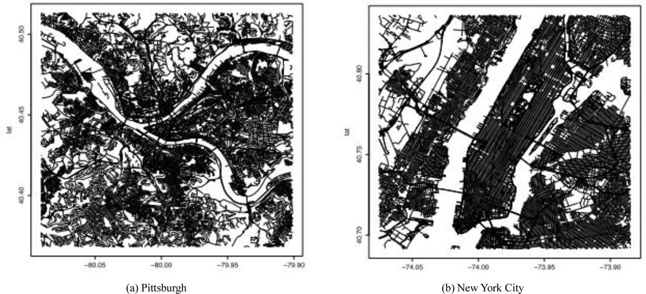 Street network in selected urban areas of two cities
