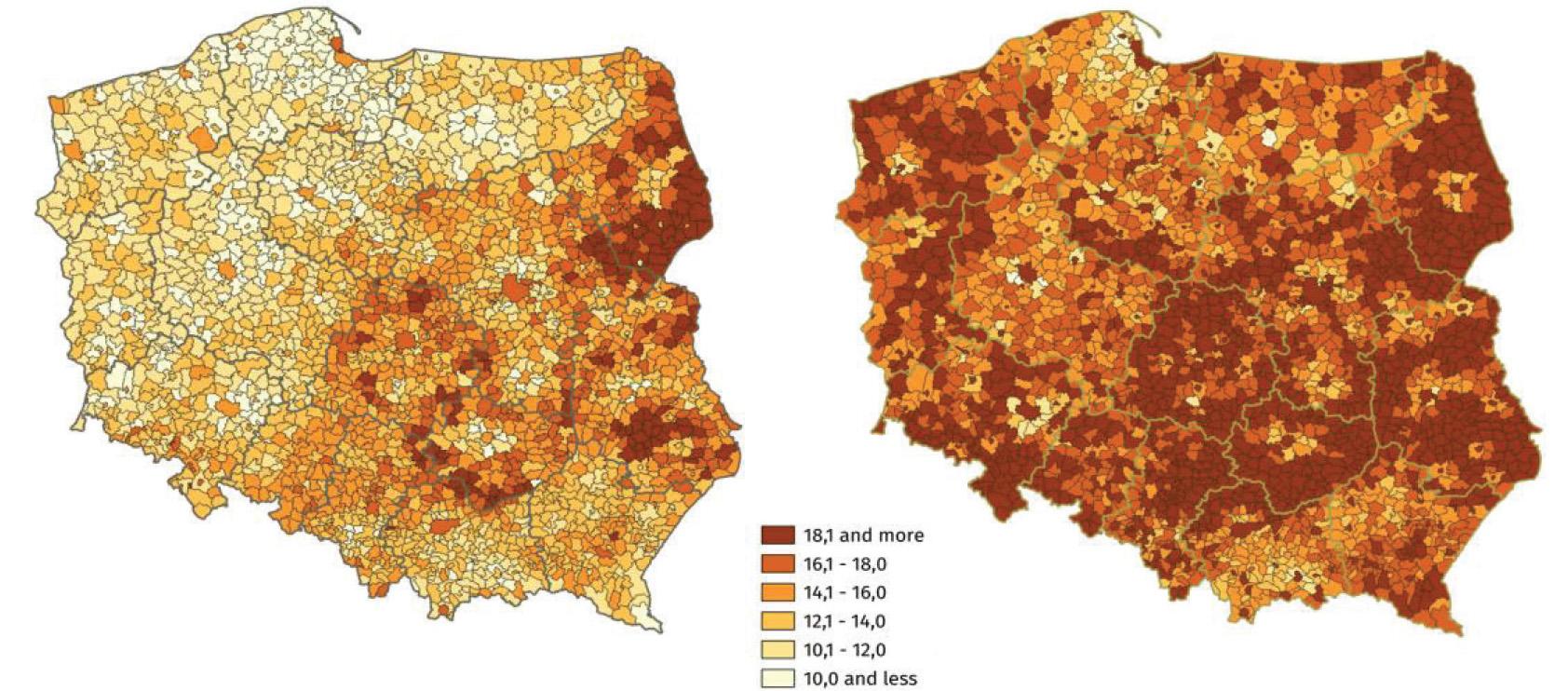Aging ratio (percentage of people aged 65 years and more in the population) in Polish LGUs in 2011 (left panel) and 2021 (right panel). LGUs, local government units.