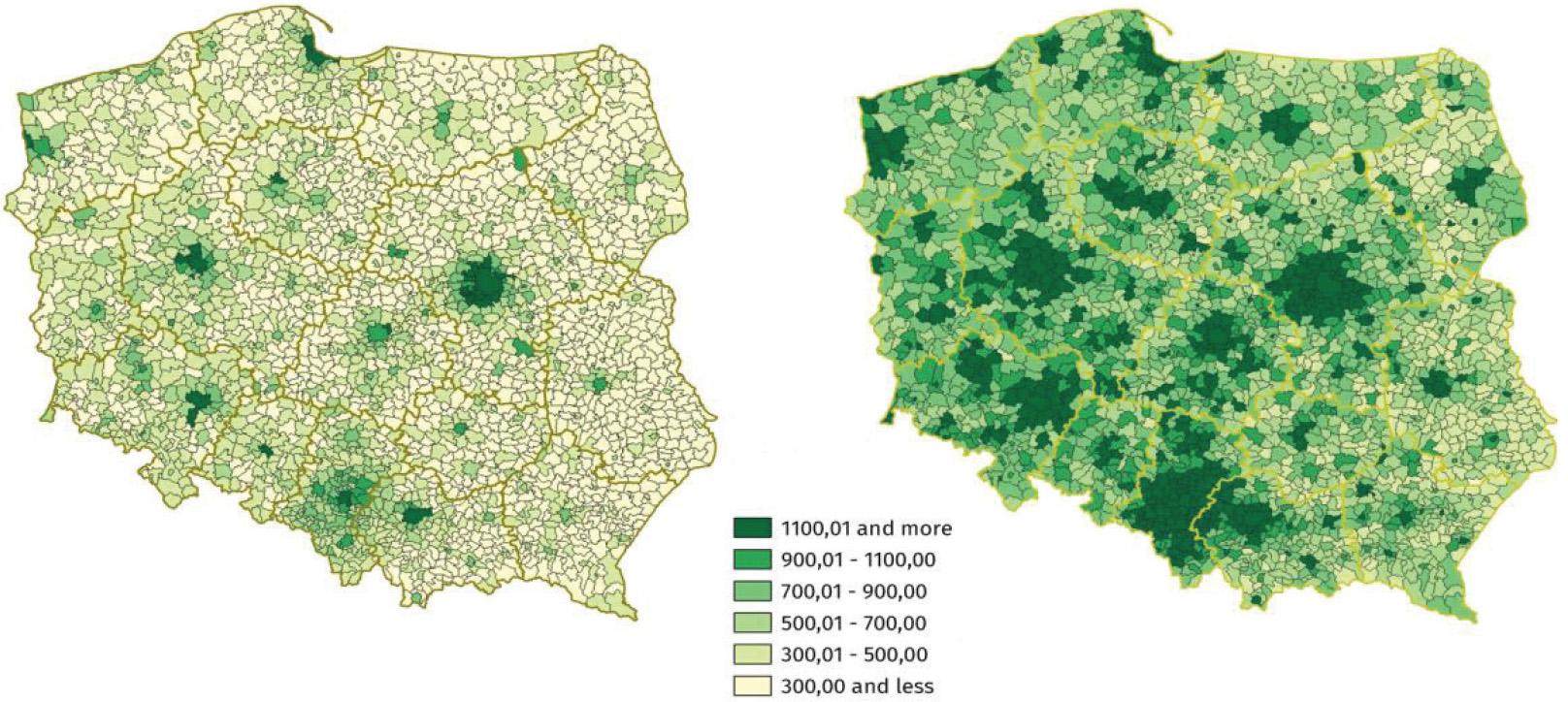 PIT per capita in Polish LGUs in 2011 (left panel) and 2021 (right panel). LGUs, local government units; PIT, personal income tax.
