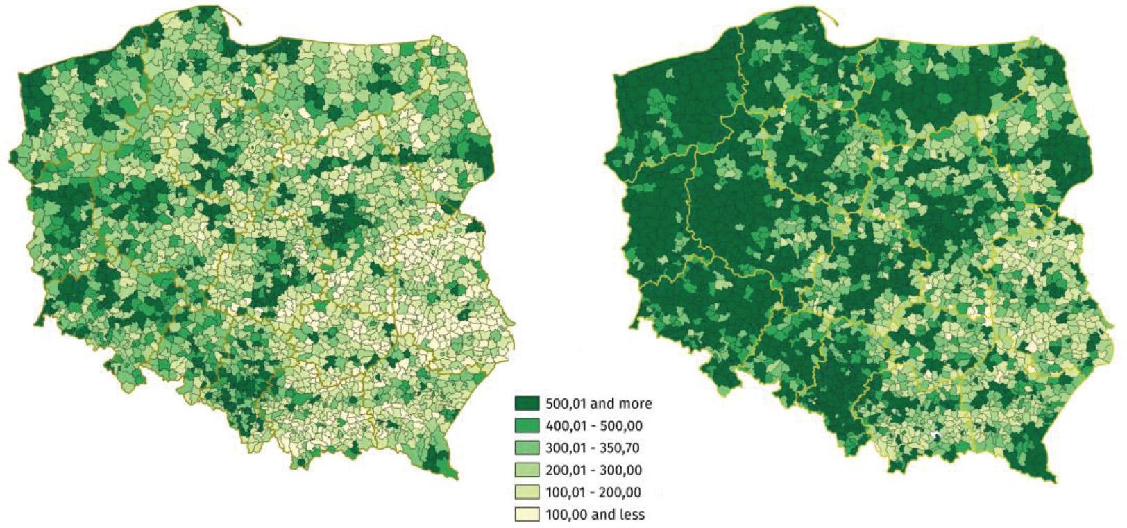 Property tax per capita in Polish LGUs in 2011 (left panel) and 2021 (right panel). LGUs, local government units.