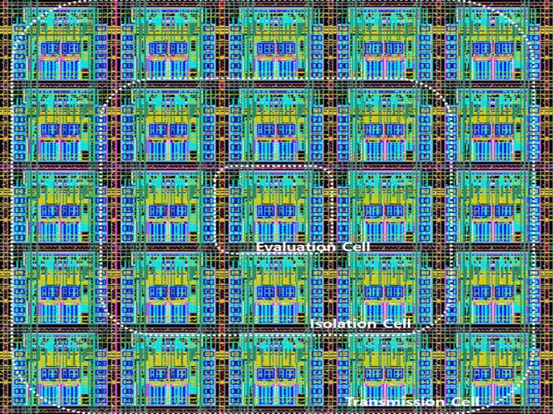 Top view layout of the 25 fingerprint sensor cell array with fingerprint sensor with isolation sensor cell scheme, an evaluation sensor cell, isolation sensor cells, and transmission sensor cells.