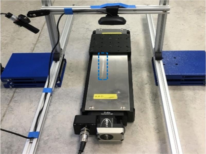 2D scanning system with a linear actuator; 2D map is obtained from attaching 1D profiles, where the laser line is highlighted in a dashed rectangle.