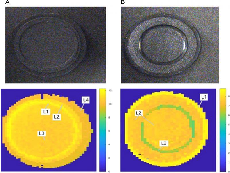 Real image (top) and obtained 2D levelness maps (bottom) from the surface of two samples (cap A and cap B). The levelness H(x,y) is measured by the color bar in mm.