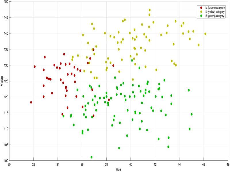 The distribution of hue-value features of a color-based tobacco leaf category.