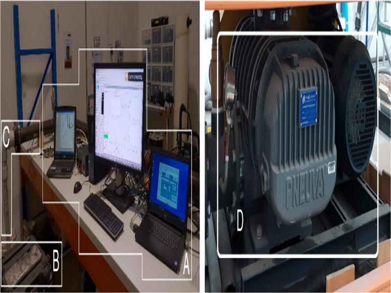 Flow loop test facility at Curtin University, (A) Computer system, (B) Collection basket, (C) Piping, and (D) Compressor.