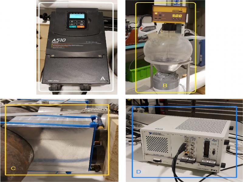 The flow loop facility components (A) Variable speed drive (VSD), (B) Hopper (sand injector device), (C) Ultrasonic sensor and metallic base, and (D) Data acquisition system.