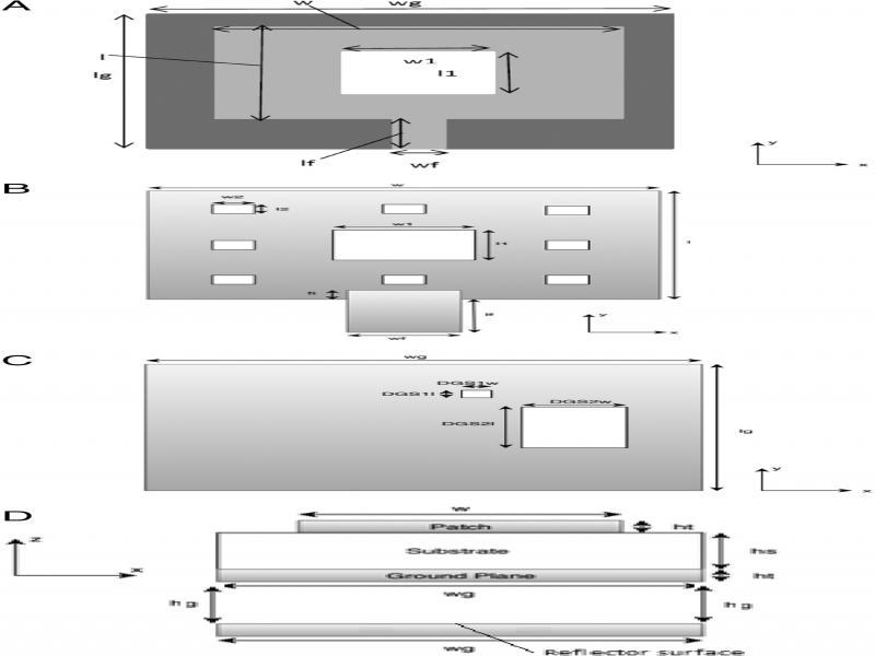 Geometrical configuration (A) Top view of DBFMPA (iteration-1), (B) Top view of TBFMPA (iteration-2), (C) Ground plane with DGS, (D) Side view.