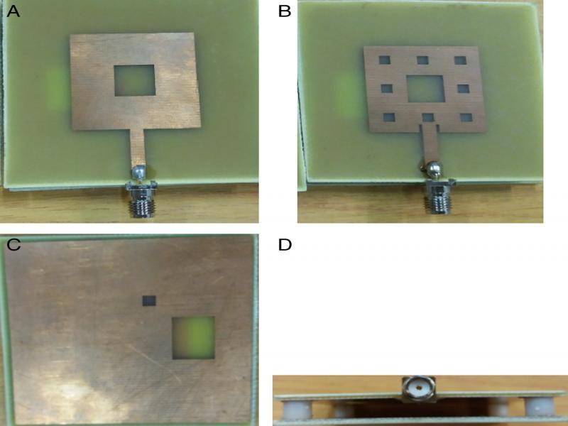 Fabricated antennas (A) Top view of DBFMPA, (B) Top view of TBFMPA, (C) Ground plane with slots, (D) Side view.