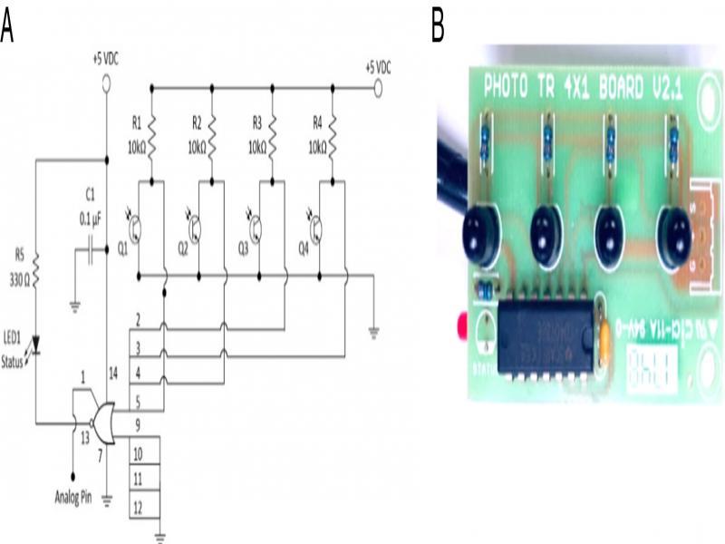 (a) Phototransistor receiver circuit, (b) phototransistor receiver board.