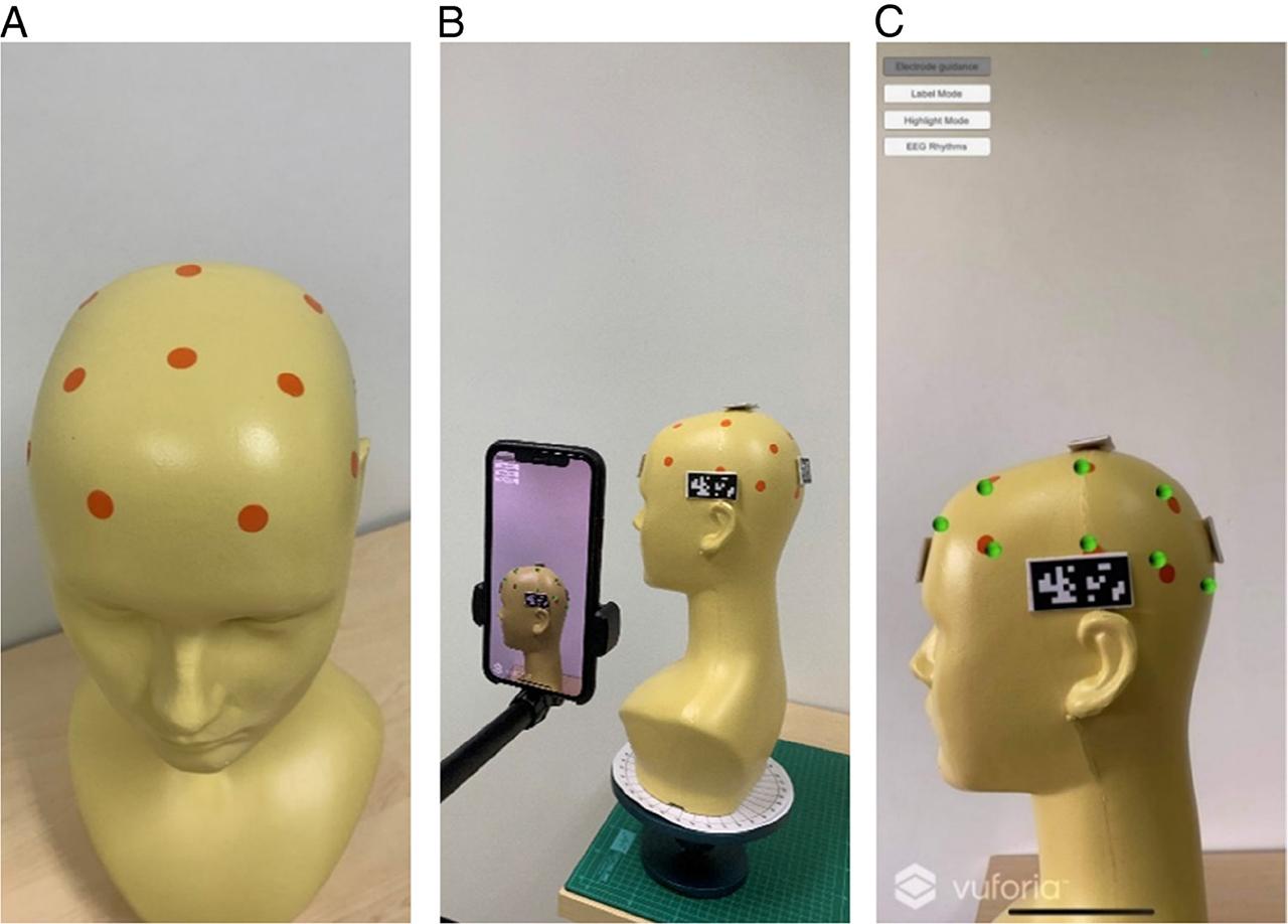 Experimental setup for validation of the AR-based EEG electrode guidance system. (a) The ground truth of the position determined by EEG experts. (b) The experimental setup. (c) Example results of virtual 10–20 EEG electrode interactions for displaying example EEG signals.