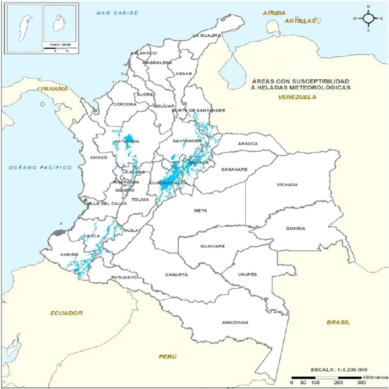 Areas with the greatest presence of frost. Source IDEAM (I. de hidrología meteorología y estudios ambientales IDEAM, 2019).