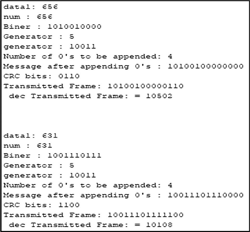 CRC Calculation results for the transmitter part.