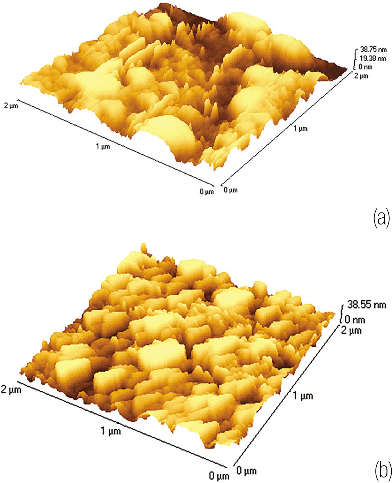 AFM images of 90 nm SnO2 thin films: (A) as-deposited film; and (B) postdeposition annealing in air at 300°C. AFM, atomic force microscopy.