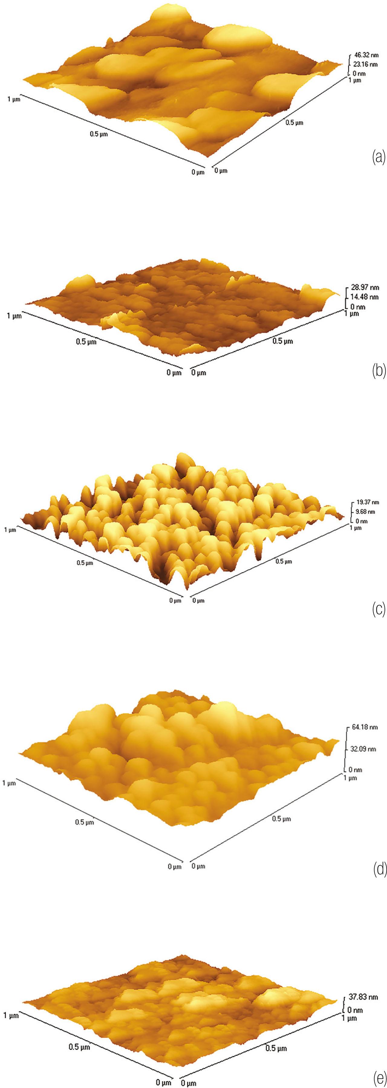 AFM images of SnO2 films of varying thicknesses: (A) 30 nm; (B) 60 nm; (C) 90 nm; (D) 120 nm; (E) 150 nm; and (F) 180 nm. AFM, atomic force microscopy.