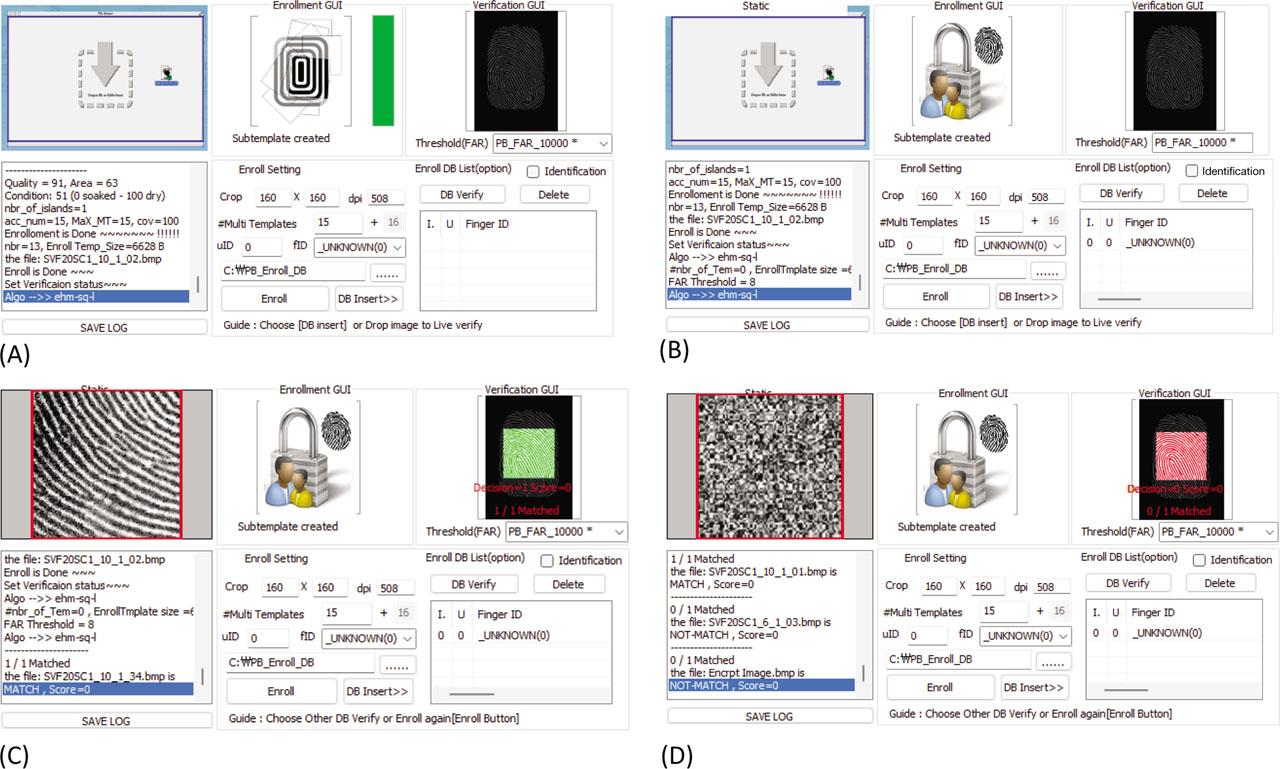 Fingerprint information enrollment process: (A) 16 DB enrollment, (B) DB verify and lock, (C) authentication process, and (D) authentication failure with encrypted fingerprint image.