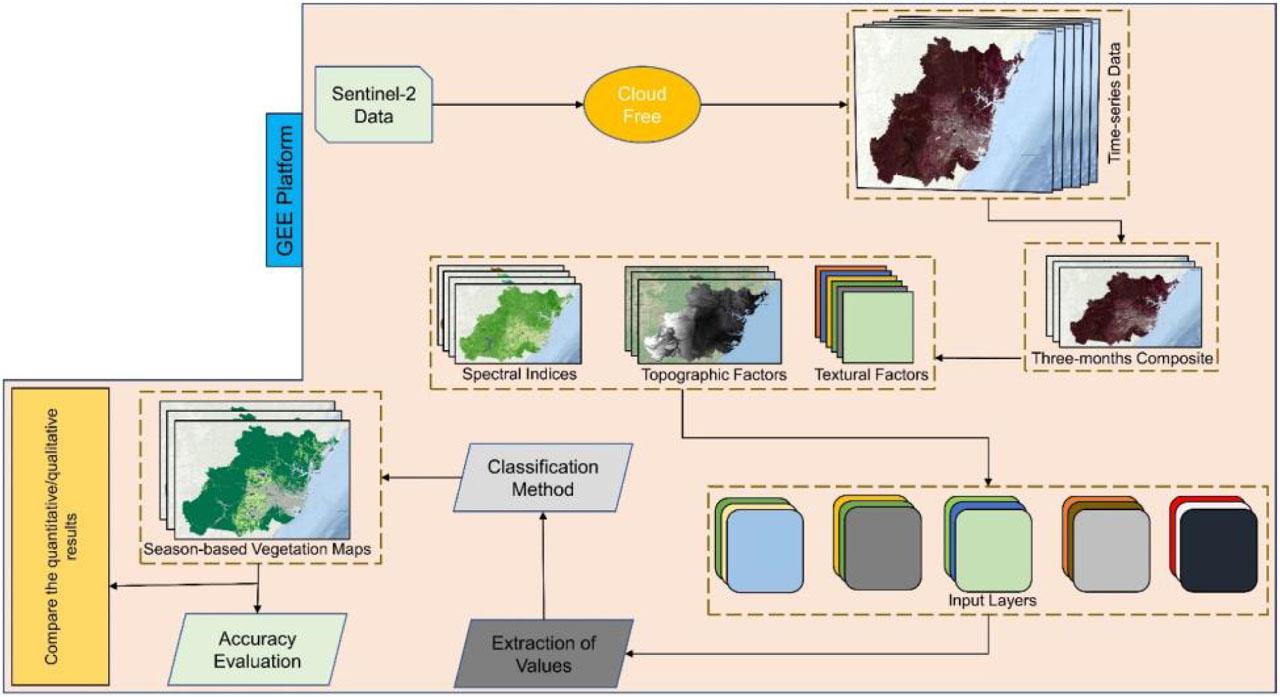 Overall flowchart of vegetation classification process in the GEE platform.
