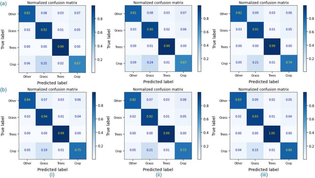 Confusion matrix used in the proposed RF model's training process: (a) with only spectral indices; and (b) all input variables. (i), (ii), and (iii) present the normalized confusion matrix for summer, autumn, and winter seasons, respectively.