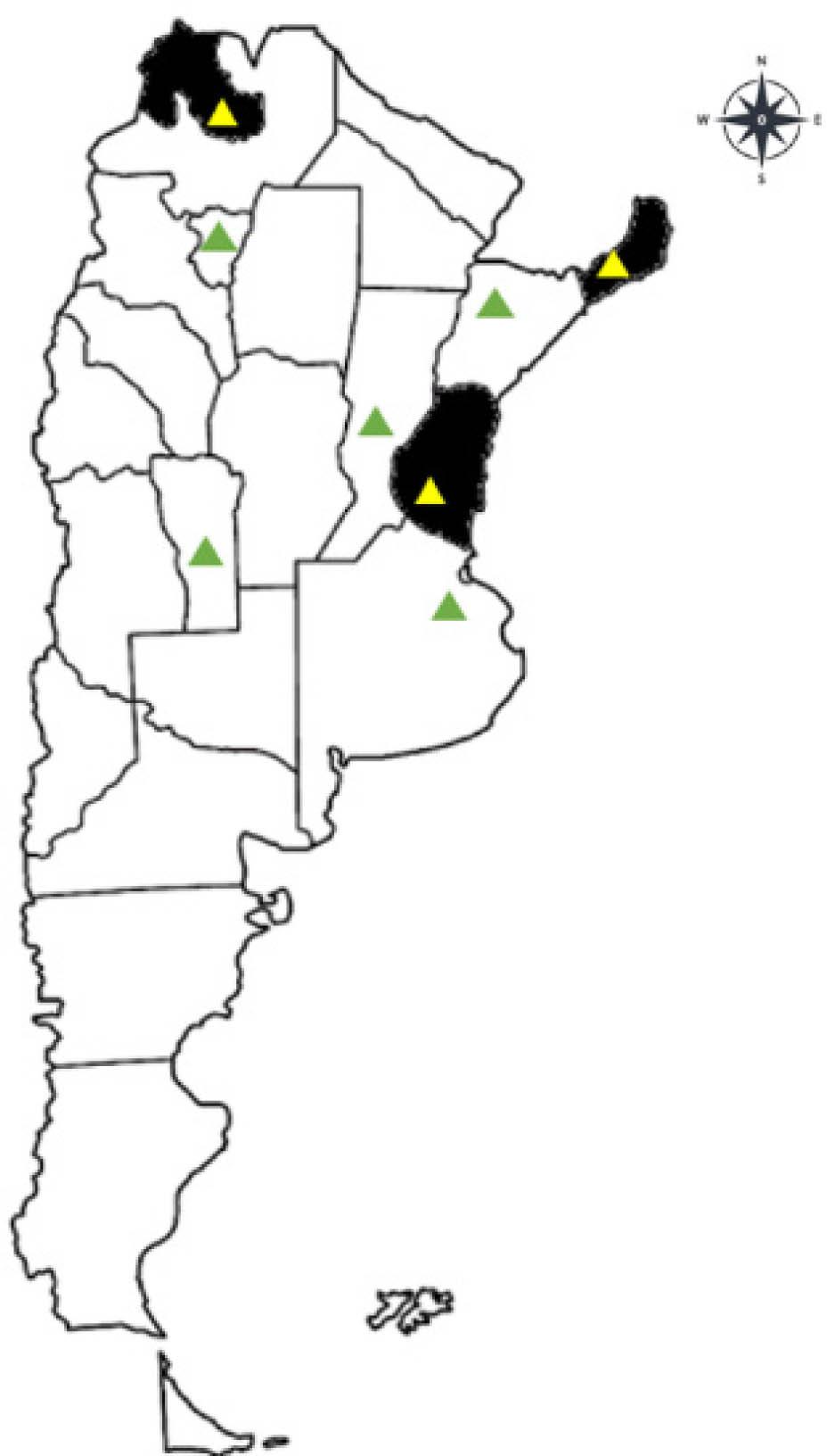 Distribution of pollen samples collected from apiaries in Argentinian provinces. The yellow triangles denote the isolated samples of A. apis, while the green triangles denote the provinces where the samplings were carried out but the fungus A. apis was not isolated.