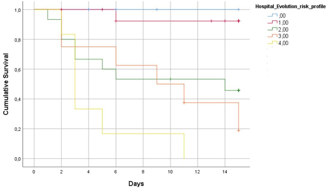 Survival according to the number of significant high-risk criteria present during hospital evolution: pH <7.35 mmol/L at 24h; Lactate >2 mmol/L at 24h; anoxic brain injury; persistent hemodynamic instability