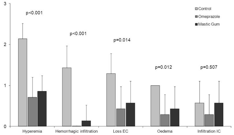 Graphic for statistic comparison of gastric mucosal lesions between the three groups.
