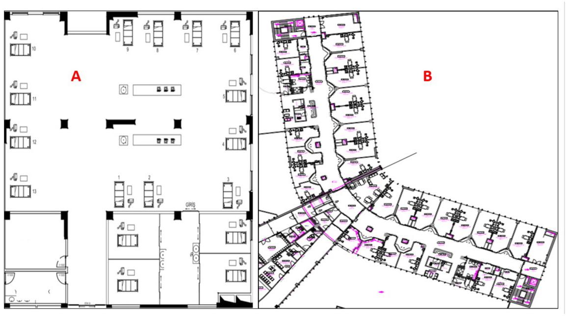 Intensive Care Unit Plans in the Old Hospital (A) and The New hospital (B). OldH: Total working area is 516 m2. NewH: Total working area is 1600 m2.