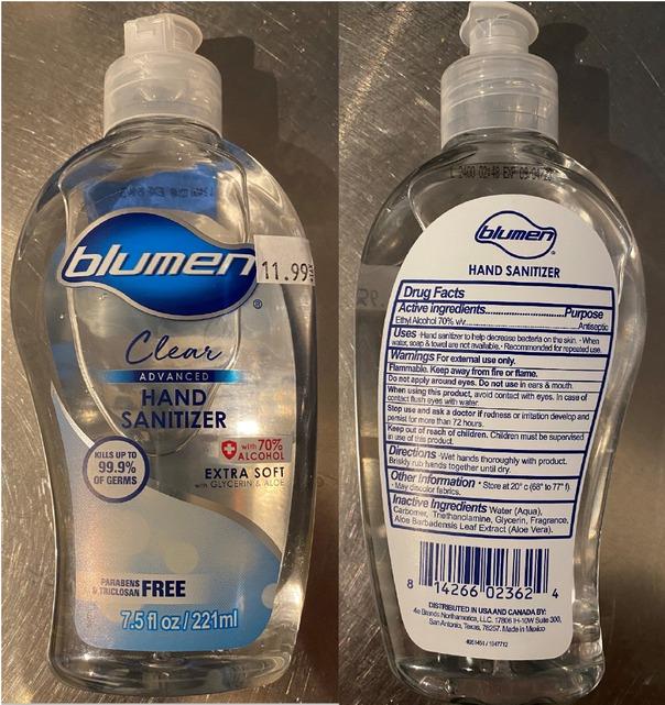 Image of hand sanitiser confirmed to contain methanol.