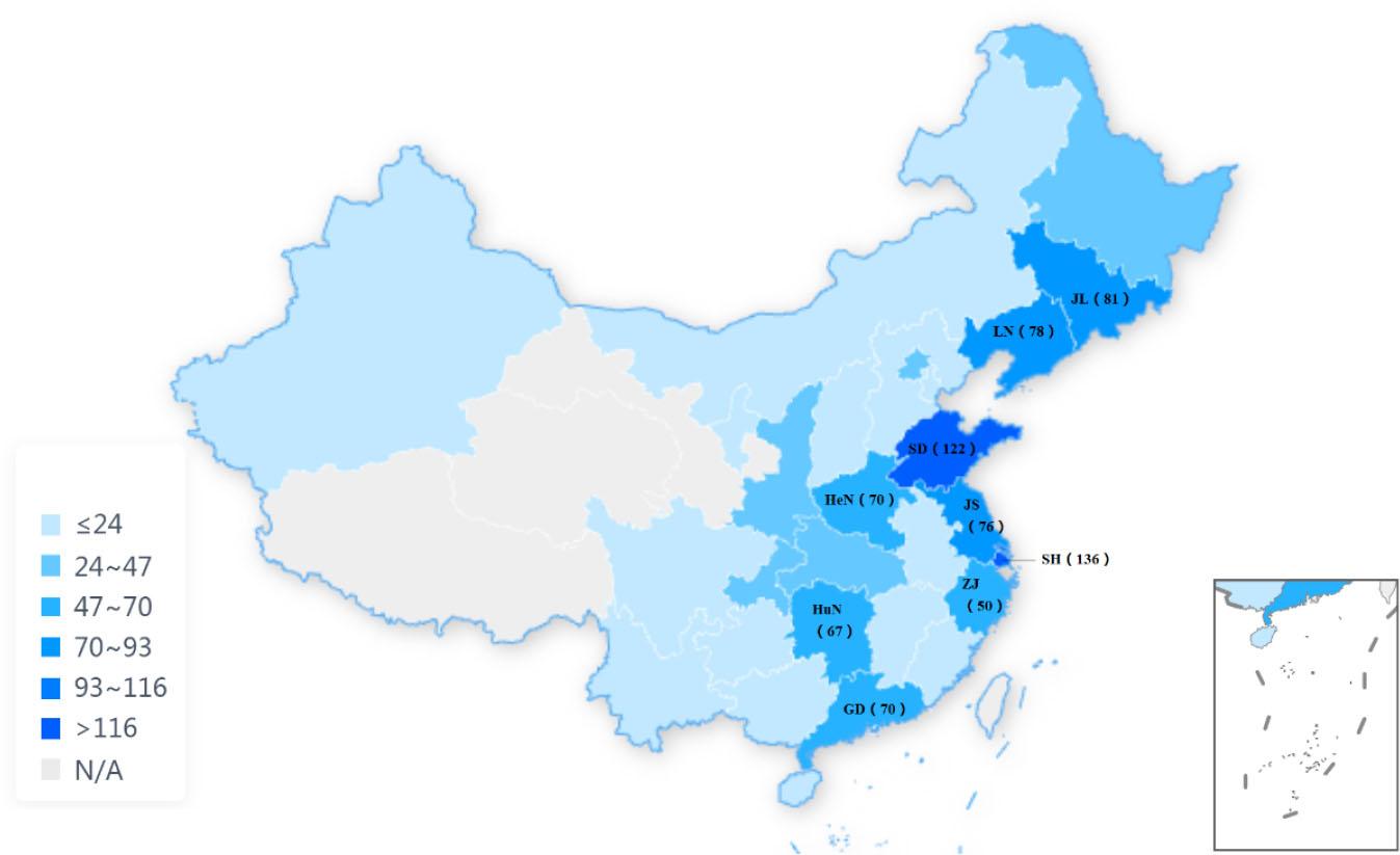 Retractions mapped onto the administrative regions of China.