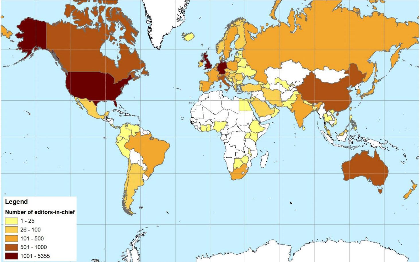 Worldwide location of editors-in-chief by country (2022).