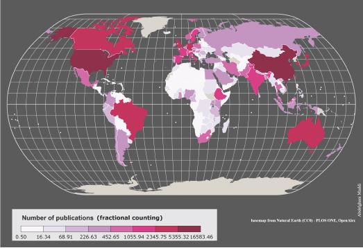 Number of publications by country/region in PLOS ONE (01/2018-06/2023).
