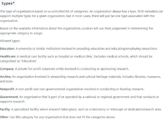Description of affiliation types presented in Table 5. Source: https://ror.readme.io/docs/ror-data-structure