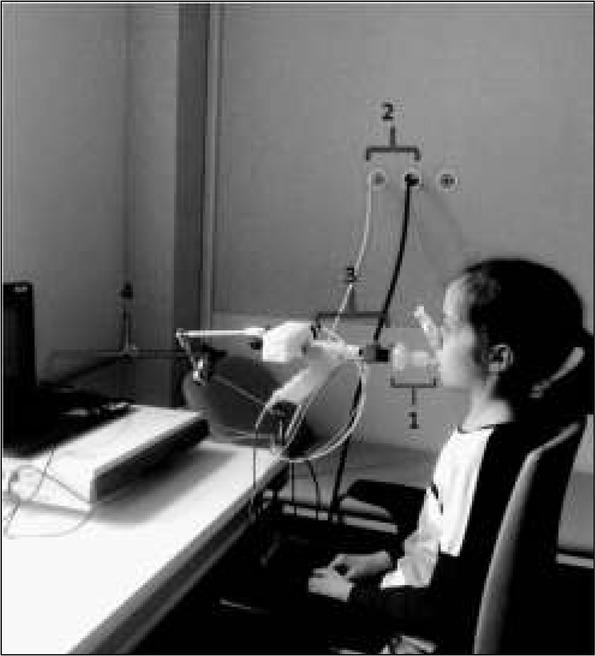 Pacjent podczas testu wypłukiwania azotu metodą wielokrotnych oddechów (materiał własny − zdjęcie wykorzystano za zgodą rodzica).
1 – jednorazowy filtr z ustnikiem, 2 – gazy medyczne powietrze oraz 100% tlen medyczny, 3 – capnostat (analizator CO2) wraz z przepływomierzem, 4 – część zabudowana urządzenia z wewnętrznym analizatorem laserowym stężenia O2).
Fig. 3. Patient during multiple breath nitrogen washout test (own material – photo used with permission from parent).
1 – filter with mouthpiece, 2 – medical gases: air and 100% medical oxygen, 3 – capnostat (CO2 analyzer) with flow meter, 4 – part of apparaturs with O2 sensor).