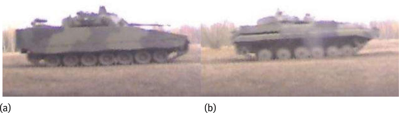 Example images of CV90 combat vehicle (a) and BMP-2 combat vehicle (b) classes.