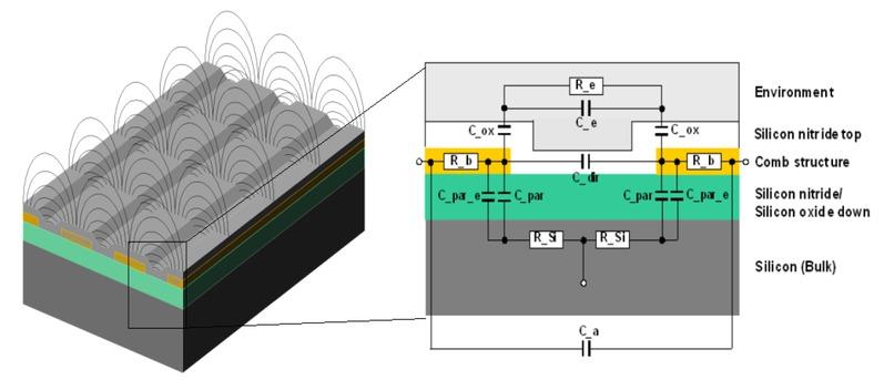 Schematic of a stray field sensor with electric modeling. These sensors with interdigitated metallic electrodes with distances between 1 μm and 150 μm are built on a silicon wafer with silicon nitride as passivation layer. Sensors like these are useful as galvanically decoupled impedance sensors. (CiS Forschungs-institut für Mikroelektronik und Photovoltaik GmbH, Erfurt, Germany).