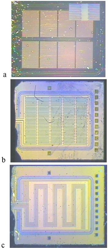 Interdigitated electrodes with different structural dimension a) 3 μm (enlarged vie in insert image), b) 20 μm and c) 150 μm, developed by CiS Forschungsinstitut für Mikroelektronik und Photovoltaik GmbH, Erfurt, Germany. These electrodes are arranged in blocks for the small electrode distance (up to 50 μm) while larger electrodes are made of one block (Fig.8c).