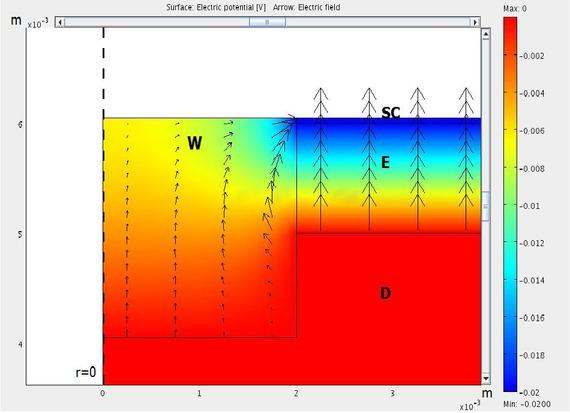 Calculated electrical field around a wound (W). The electric field is directed towards the wound in its lower part. At the top of the wound it points in the other direction. The colors represent the electric potential according to the scale to the right (mV). There is a vanishingly small penetration of the field into dermis and hypodermis owing to their large dielectric permittivities.